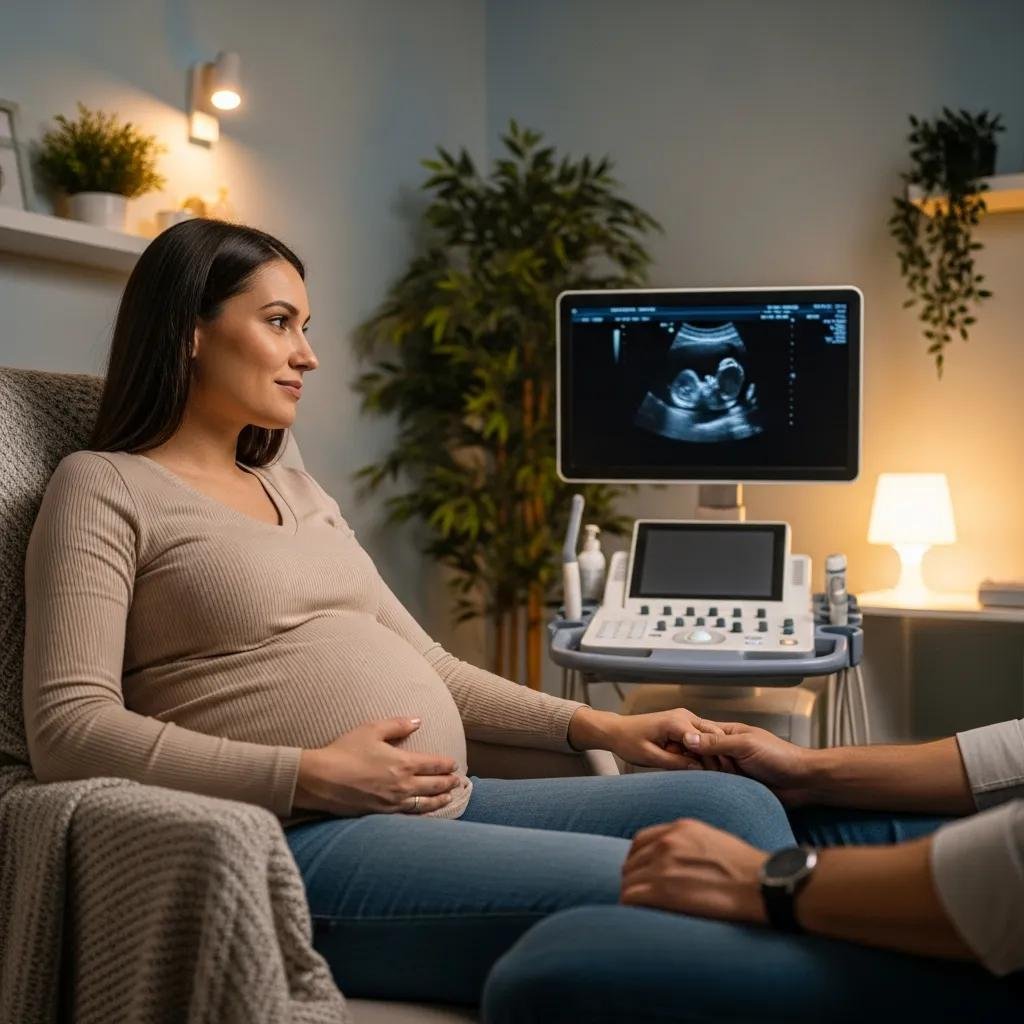 Pregnant woman viewing ultrasound in a comforting clinic environment, emphasizing early pregnancy scan services at AristoGP.