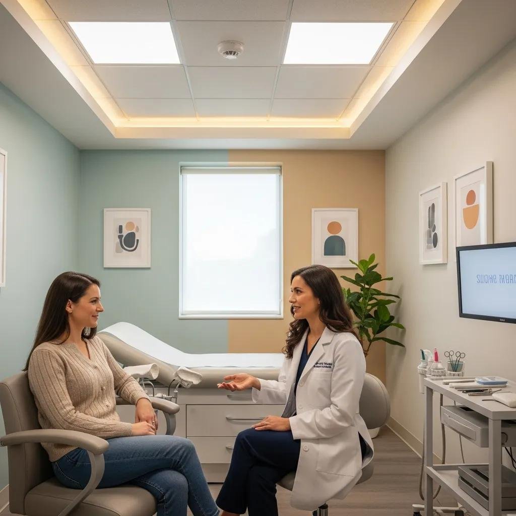 Private cervical screening consultation in a comfortable clinic setting, featuring a healthcare professional speaking with a patient, emphasizing personalized care and women's health.