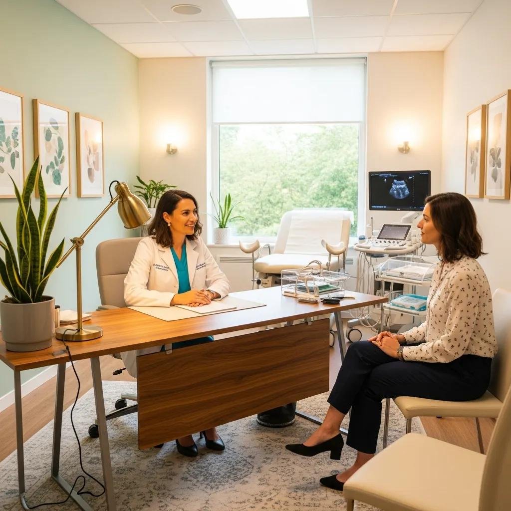 Private gynaecology consultation in a welcoming medical office, featuring a consultant gynaecologist in a white coat and a patient, discussing women's health in a comfortable setting with medical equipment visible.