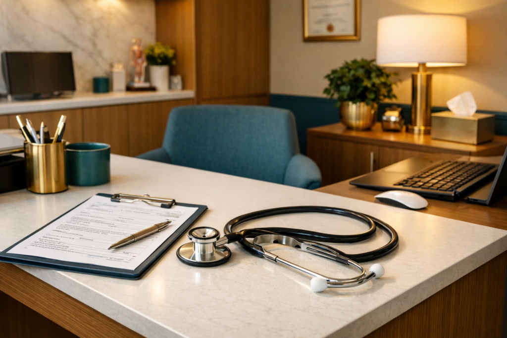 Private GP office desk featuring a stethoscope, medical clipboard, pen, and laptop, reflecting the accessible healthcare services of AristoGP in Central London.