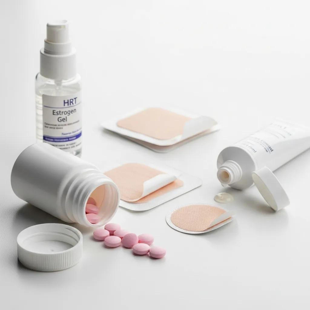 Various hormone replacement therapy options including pills, patches, and gels for menopause treatment