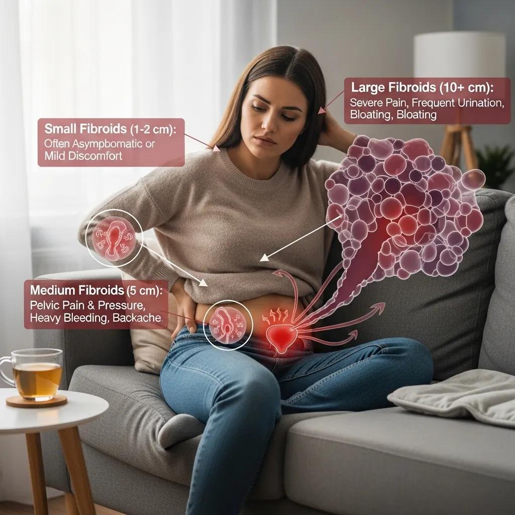 Visual representation of symptoms related to small, medium, and large uterine fibroids