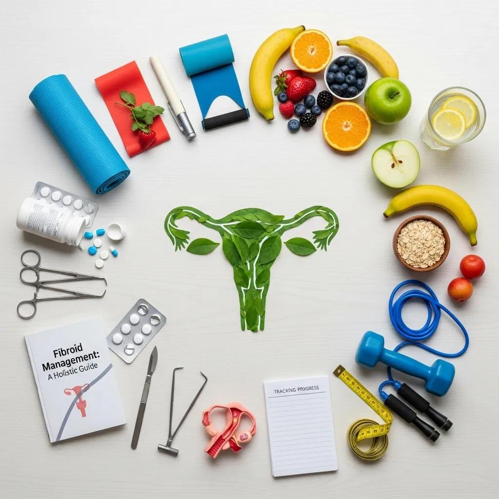 Visual representation of treatment options for managing fibroid-related weight gain, including medication and healthy lifestyle choices