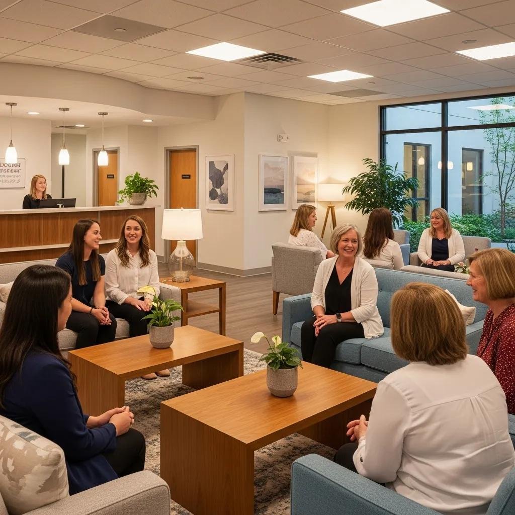 Welcoming reception area of a women's health clinic with diverse women interacting