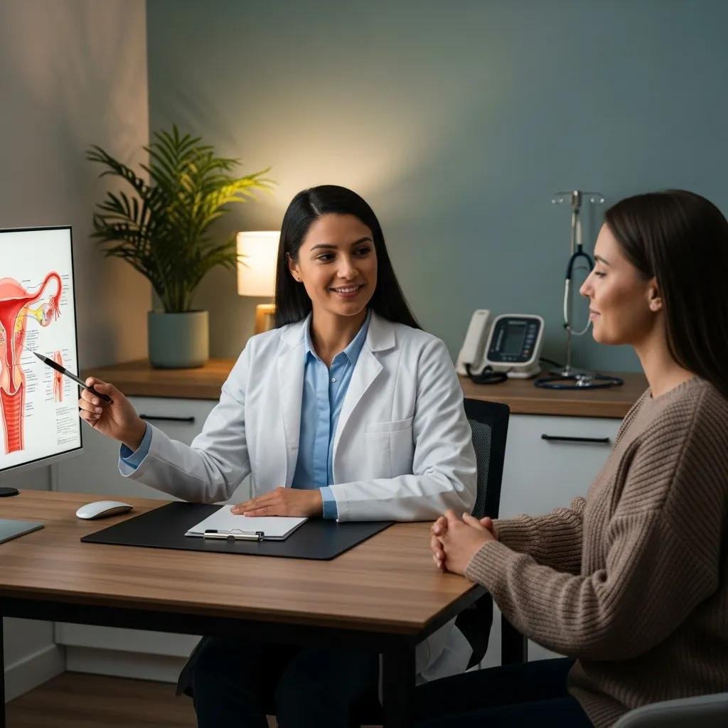 Woman consulting with a female doctor about ovarian cysts and reproductive health