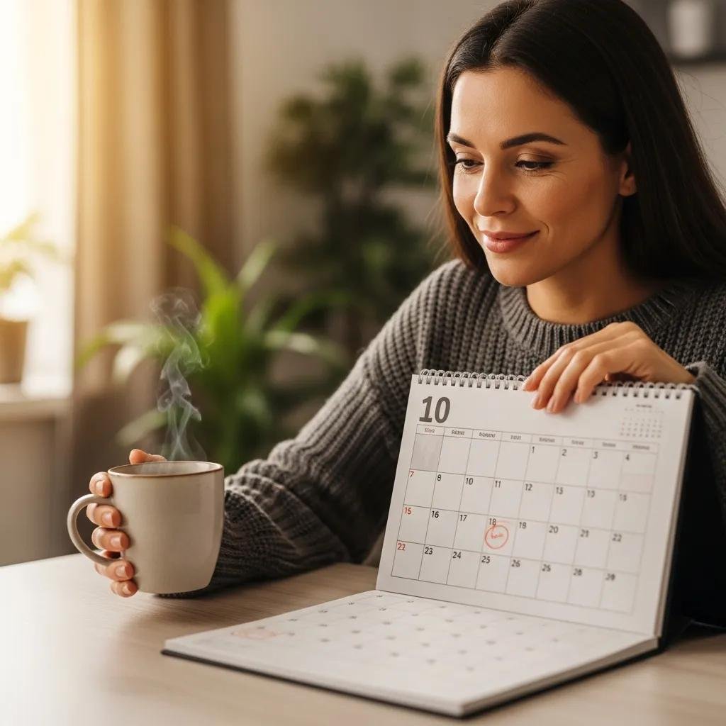 Woman contemplating menstrual health while looking at a calendar