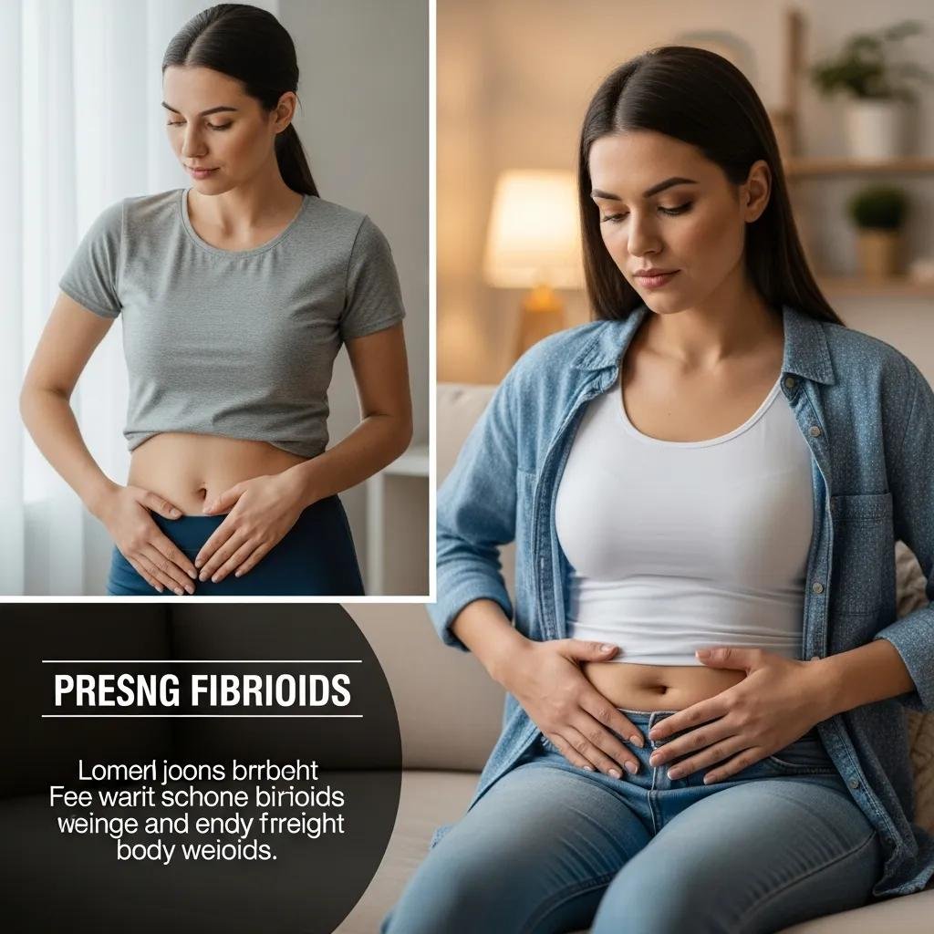 Woman contemplating the effects of uterine fibroids on body weight in a cozy home setting