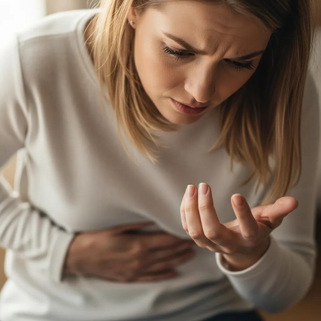 Woman expressing discomfort in her lower abdomen, indicating gynaecological symptoms