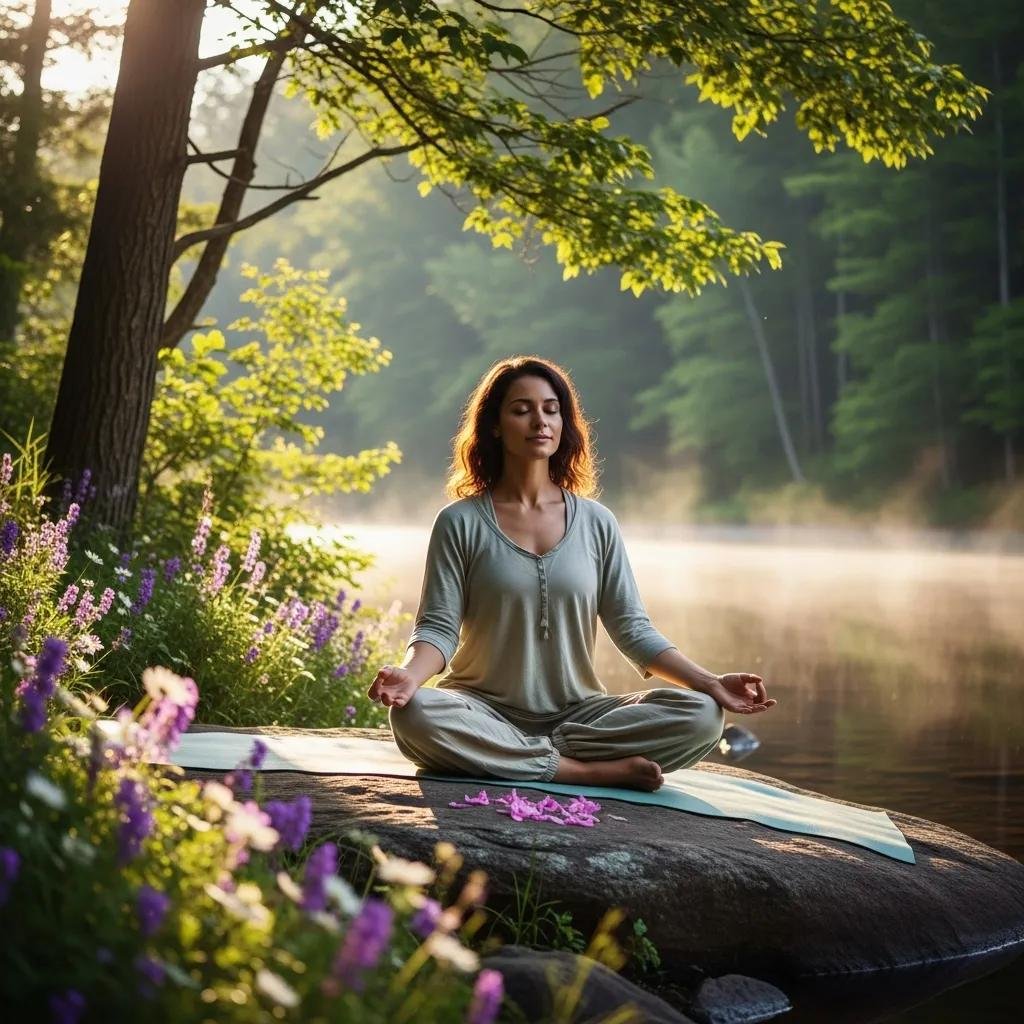Woman meditating by a tranquil river, surrounded by lush greenery and blooming flowers, symbolizing stress relief and menstrual health.
