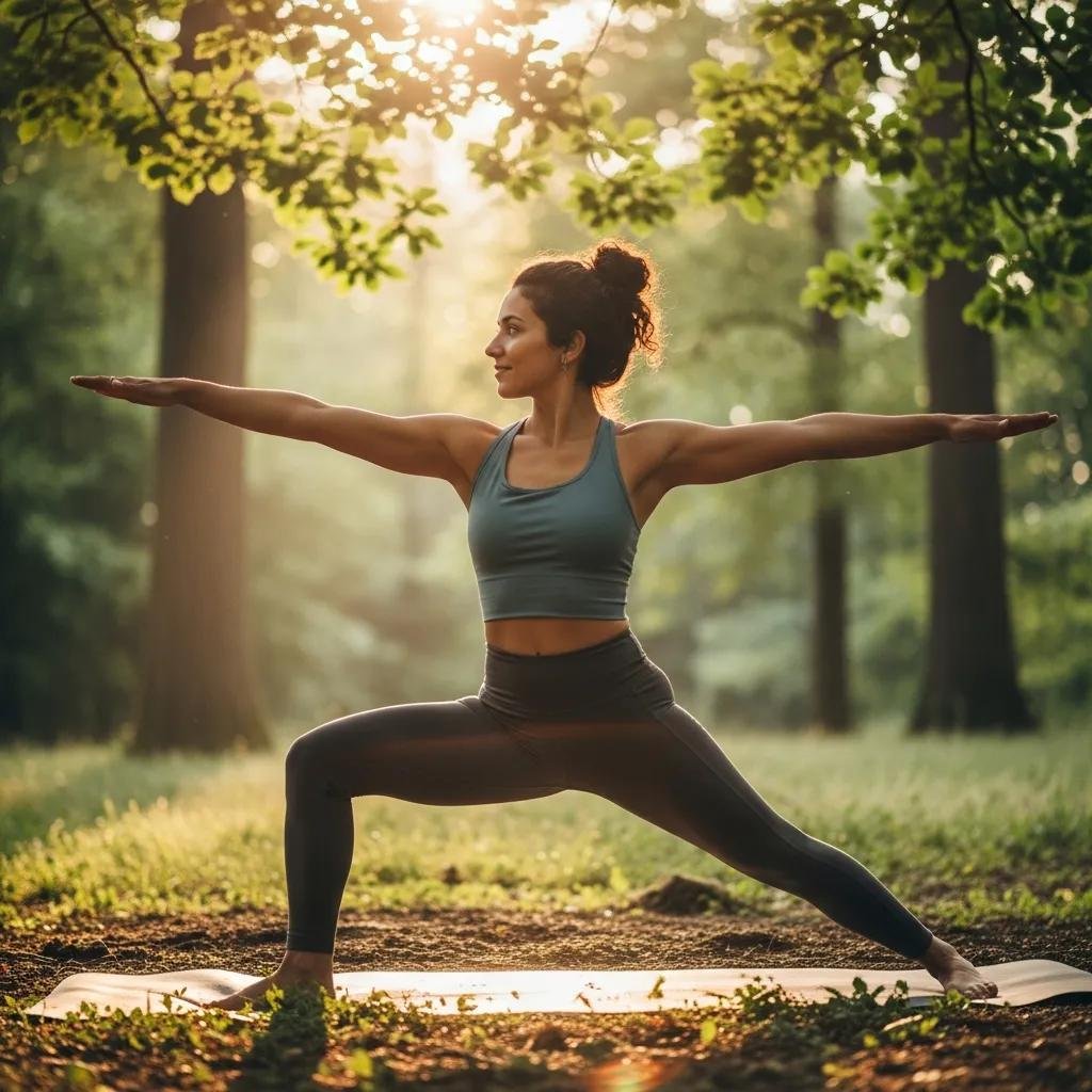 Woman practicing yoga outdoors, illustrating lifestyle adjustments to reduce period fatigue