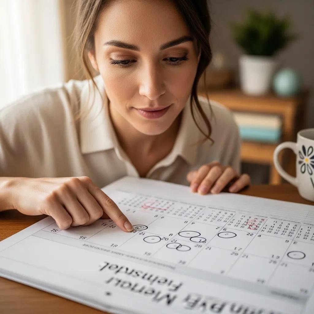 Woman reflecting on her menstrual cycle while looking at a calendar, indicating early signs of PCOS