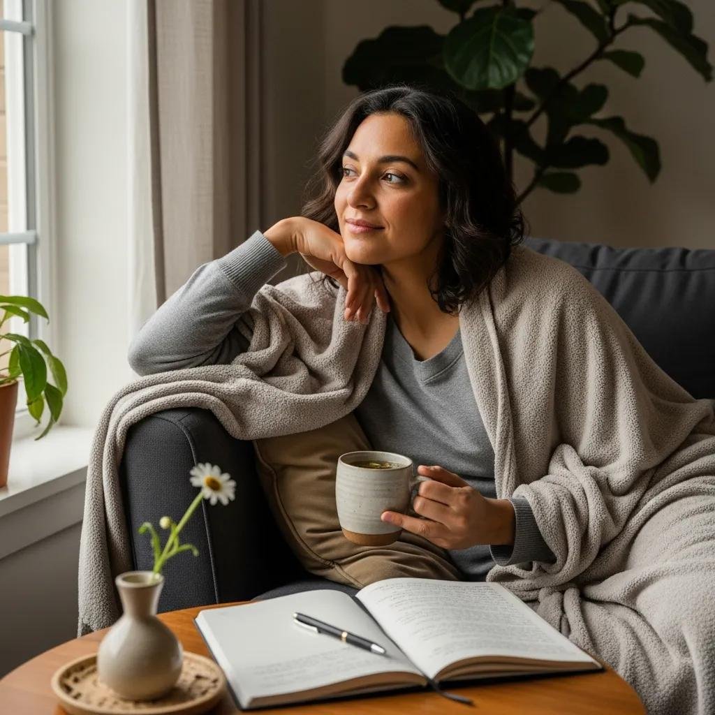 Woman relaxing with a cup of tea, representing self-care during period fatigue