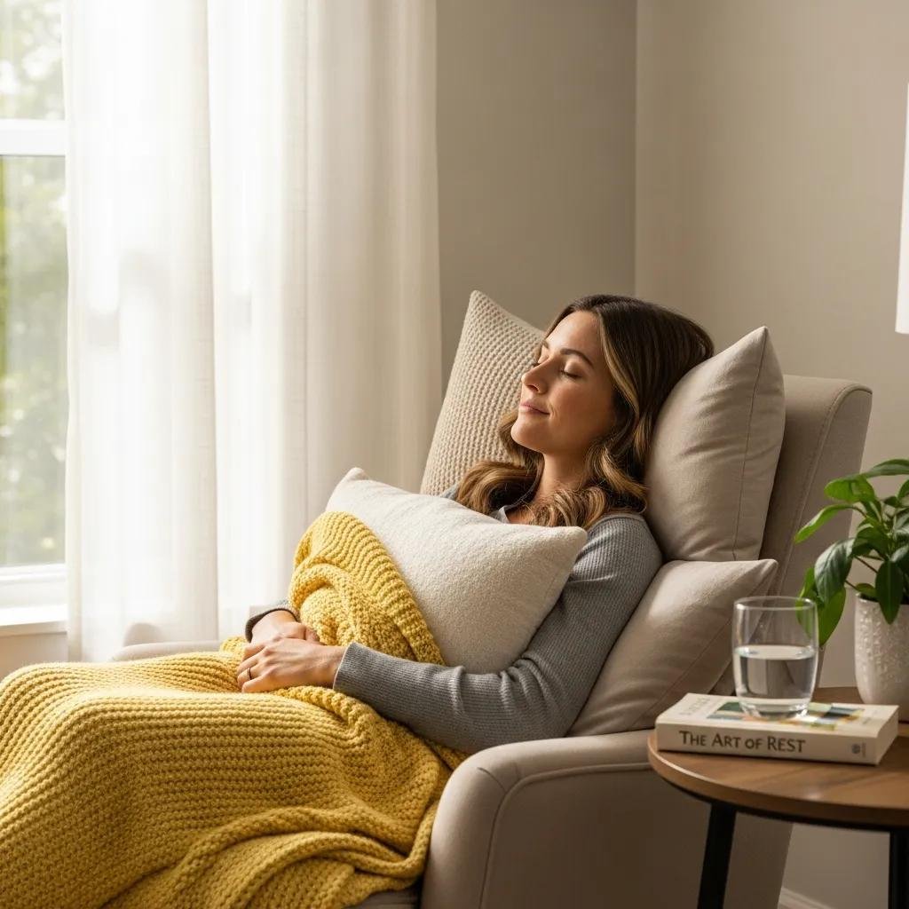 Woman resting in a cozy chair after myomectomy surgery, wrapped in a yellow blanket, surrounded by comfort items, emphasizing recovery and emotional well-being.