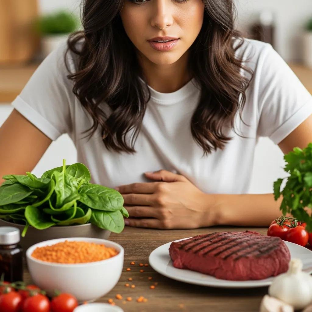 Woman showing signs of fatigue with iron-rich foods, highlighting symptoms of low iron