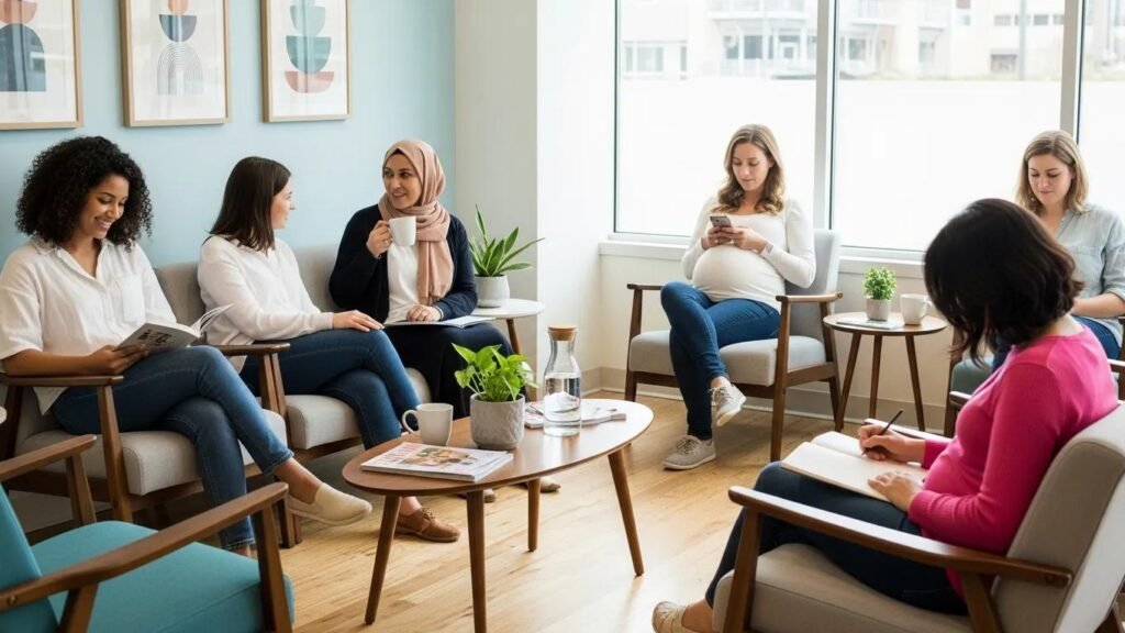 Donne diverse in una sala d'attesa di una clinica ginecologica privata, mostrando comfort e sensibilità culturale, con un ambiente accogliente e piante verdi.