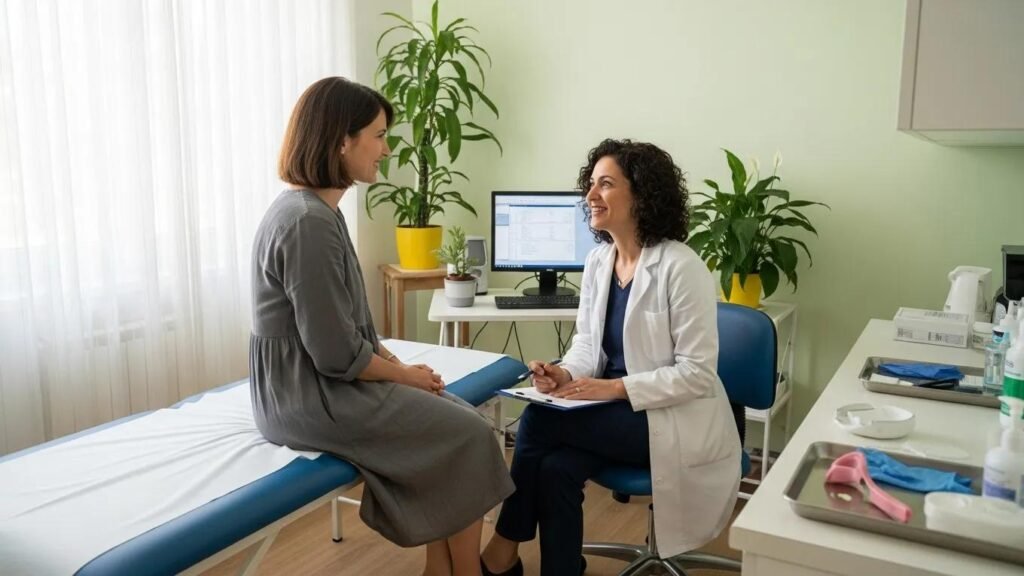 Italian gynecologist consulting with female patient in a welcoming clinic environment, emphasizing personalized care and cultural sensitivity.
