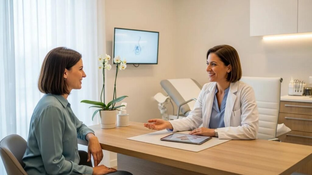 Italian-speaking gynecologist consulting with a patient in a modern clinic setting, discussing women's health and gynecological care.
