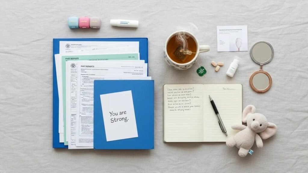 Documenti e materiali preparati per un consulto ginecologico, inclusi una cartella con fogli, un taccuino con appunti, una tazza di tè fumante, e oggetti personali come un peluche, evidenziando l'importanza della preparazione per il benessere femminile.