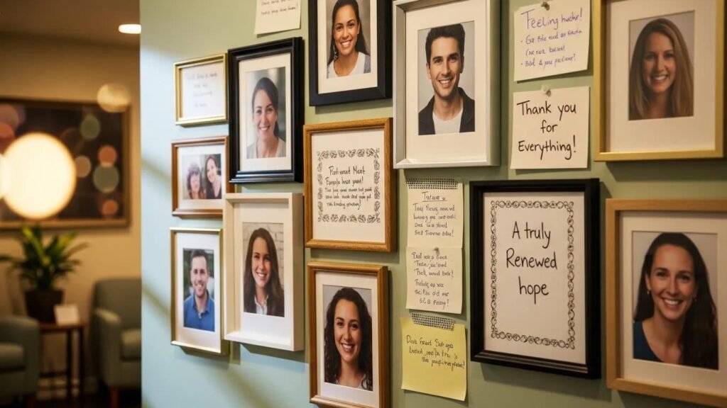 Muro di testimonianze con foto e note di pazienti soddisfatti in una clinica ginecologica, evidenziando esperienze positive e supporto personalizzato.