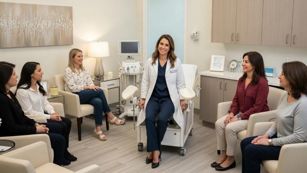 Ufficio ginecologico accogliente con dottoressa e donne diverse in discussione, enfatizzando un ambiente sanitario amichevole e professionale.