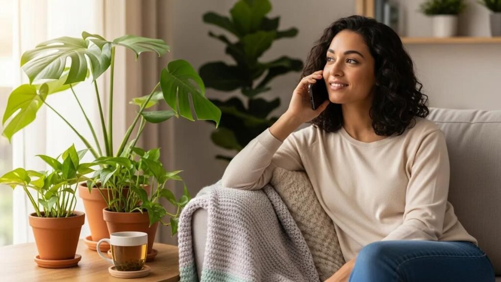 Donna che comunica telefonicamente in un ambiente domestico confortevole, con piante verdi e una tazza di tè, rappresentando il follow-up della cura ginecologica.