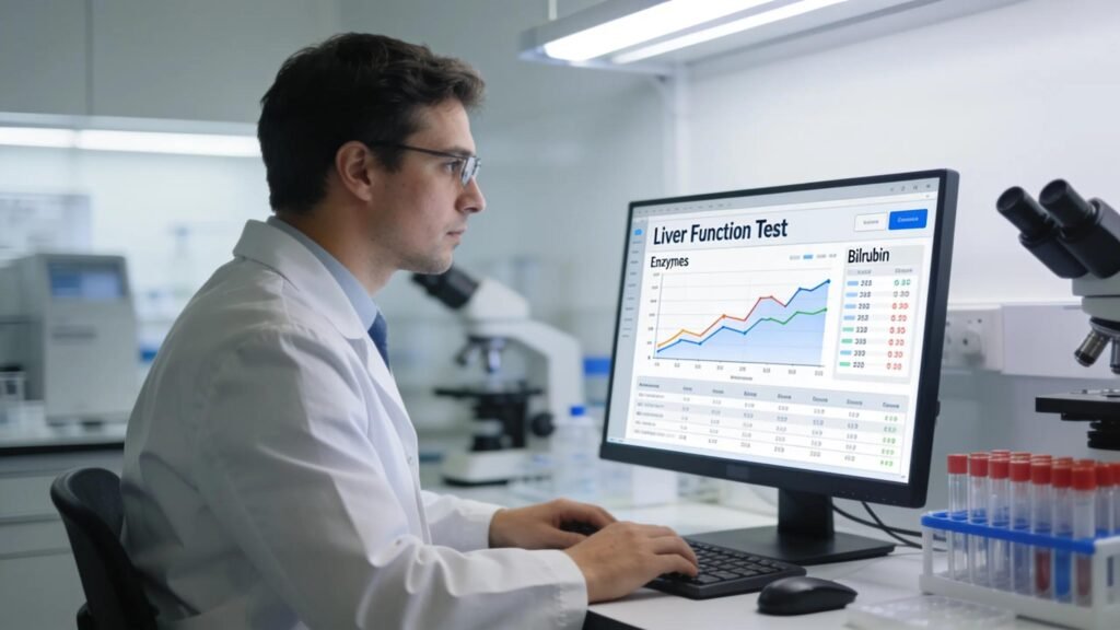 Laboratory technician analyzing liver function test results, emphasizing precision in health assessments