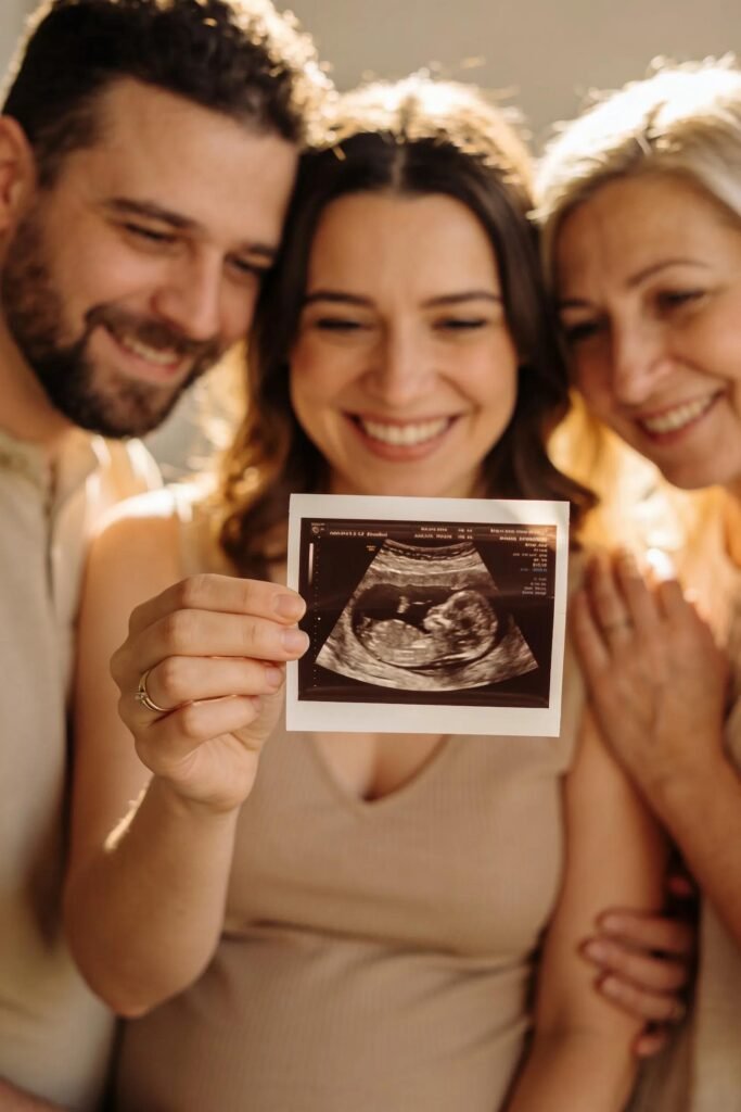 Expectant mother viewing ultrasound image with family, highlighting early pregnancy scan benefits