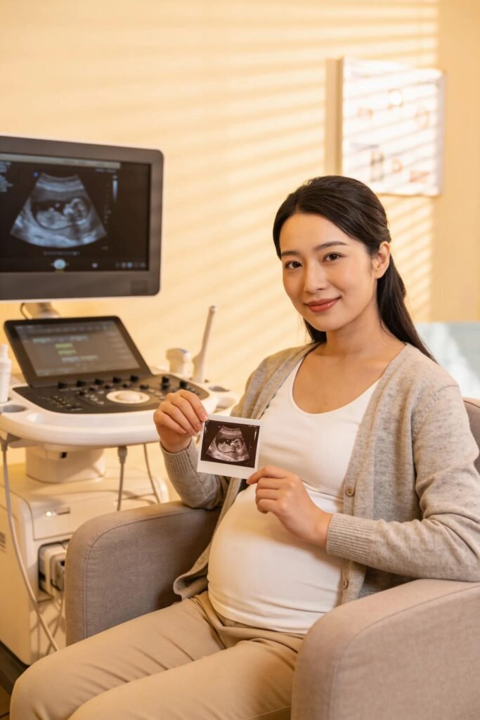 Young woman in a soothing clinic environment, preparing for an ultrasound scan