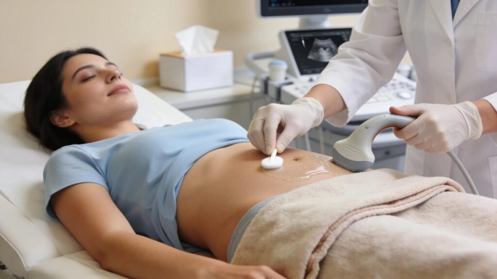 Visual representation of a pelvic ultrasound procedure demonstrating patient care and professional practice