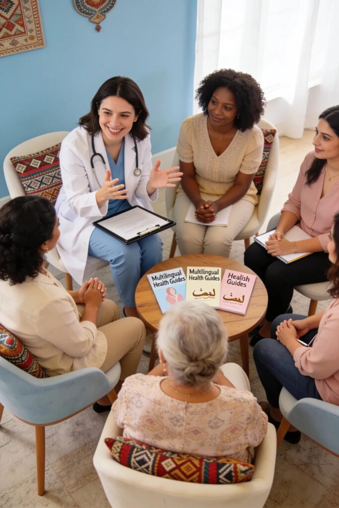 Multicultural consultation showcasing gynaecological care with an emphasis on diversity and language support.