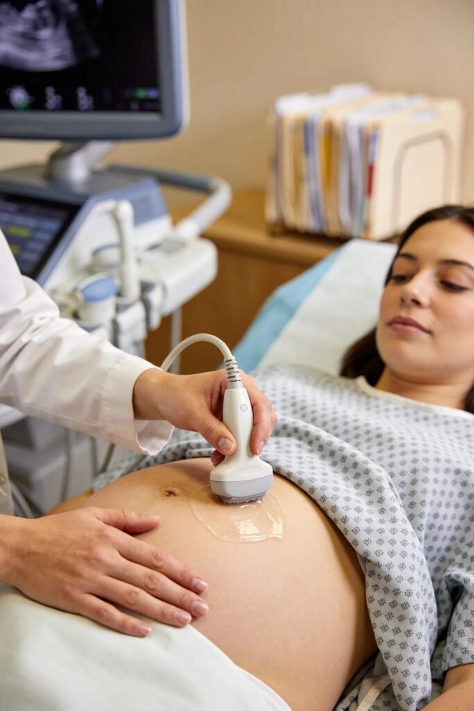 Pregnant woman receiving an early pregnancy ultrasound scan in a caring, professional environment