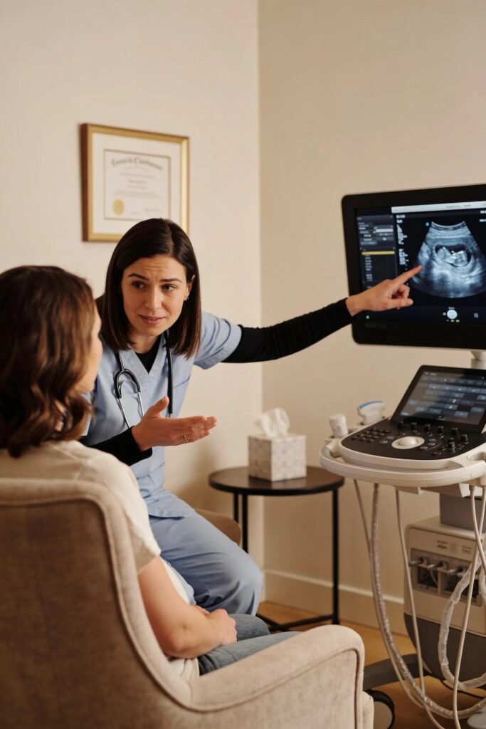 Woman consulting with a healthcare professional about pelvic ultrasound options in a private setting