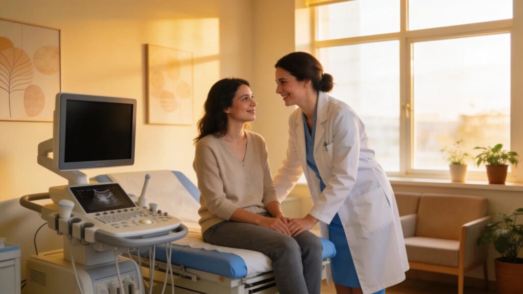 Image of a female gynaecologist providing a same-day ultrasound in a calm clinic setting in London