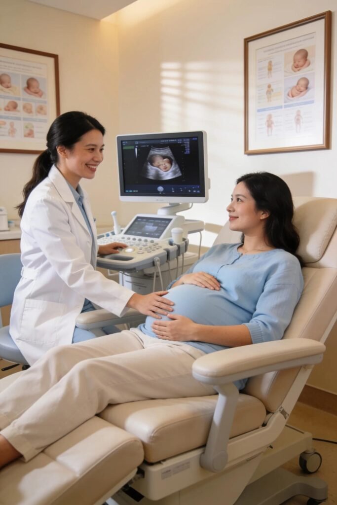 Private ultrasound clinic in London providing women's health services, showcasing a friendly sonographer and a pregnant woman.