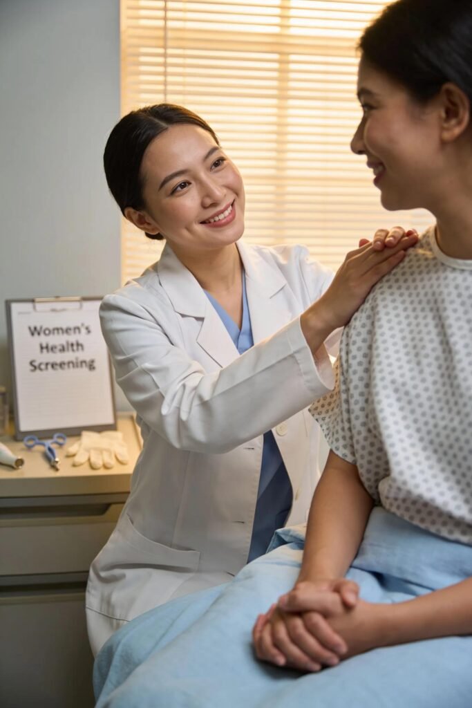 Private gynaecologist conducting a pelvic examination with emphasis on patient care in a private setting.