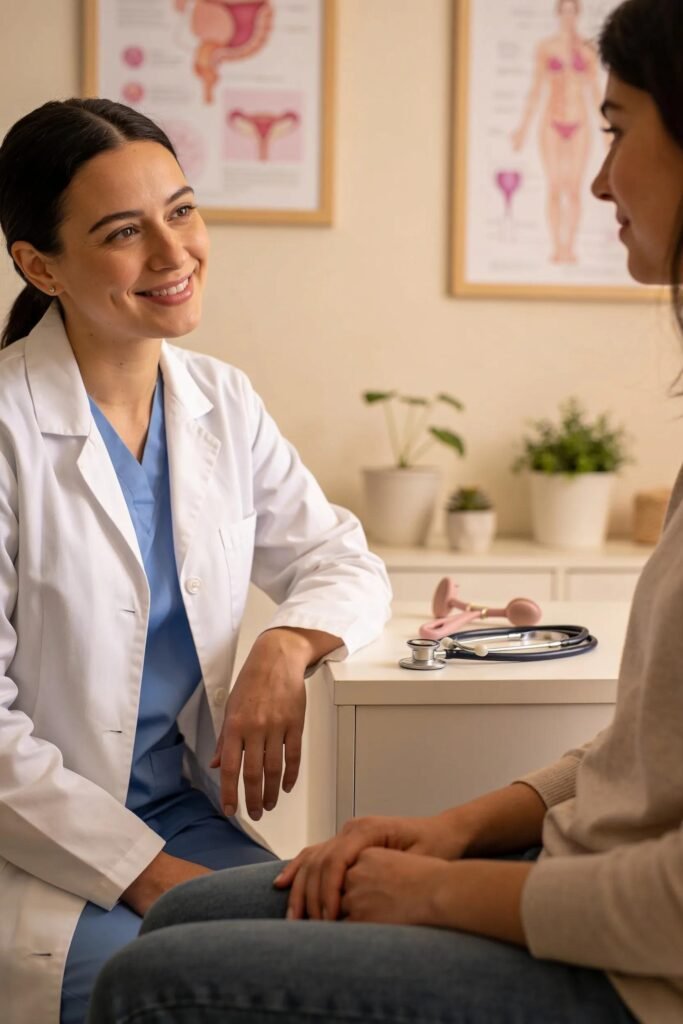 Female gynaecologist providing attentive care to a patient during a consultation