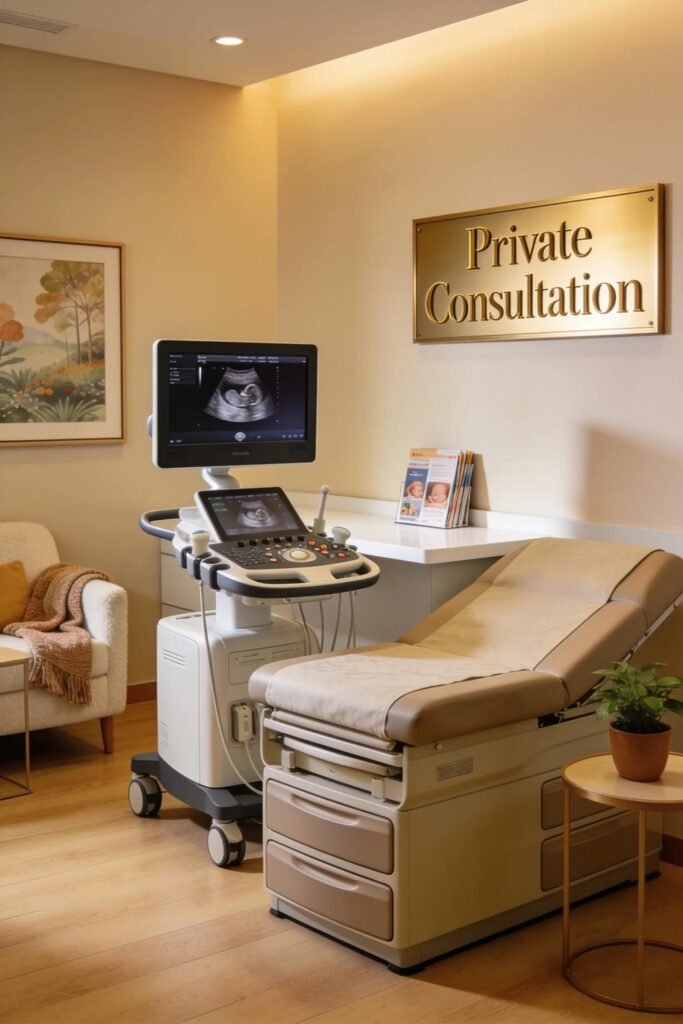 Modern ultrasound room showcasing state-of-the-art equipment and a comforting atmosphere for private scans