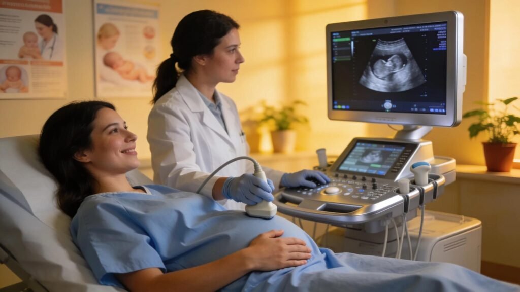 Female patient undergoing ultrasound during well-woman health check