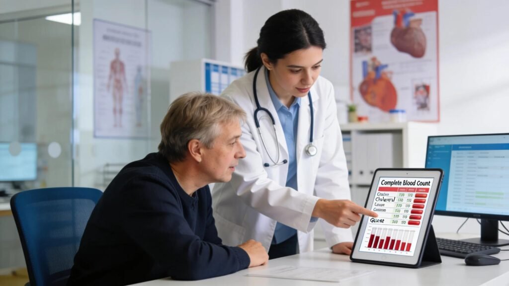 Healthcare professional explaining blood test results to an engaged patient in a clinical setting