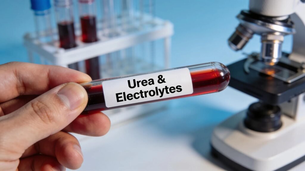 Blood sample labeled Urea & Electrolytes in a laboratory setting, highlighting kidney and metabolic health assessments