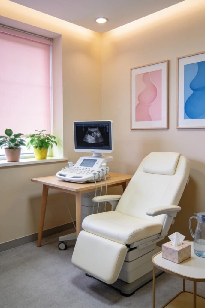 Private clinic setting for pelvic and early pregnancy ultrasounds with an ultrasound machine