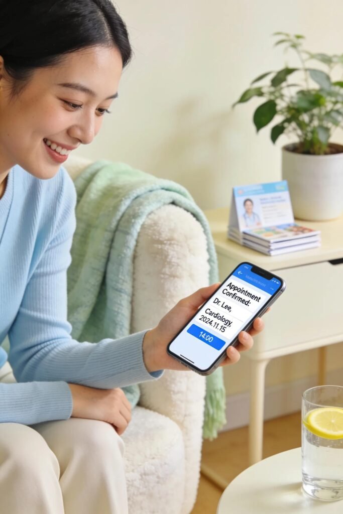 Woman confidently booking same-day medical appointment on her phone in a comfortable environment