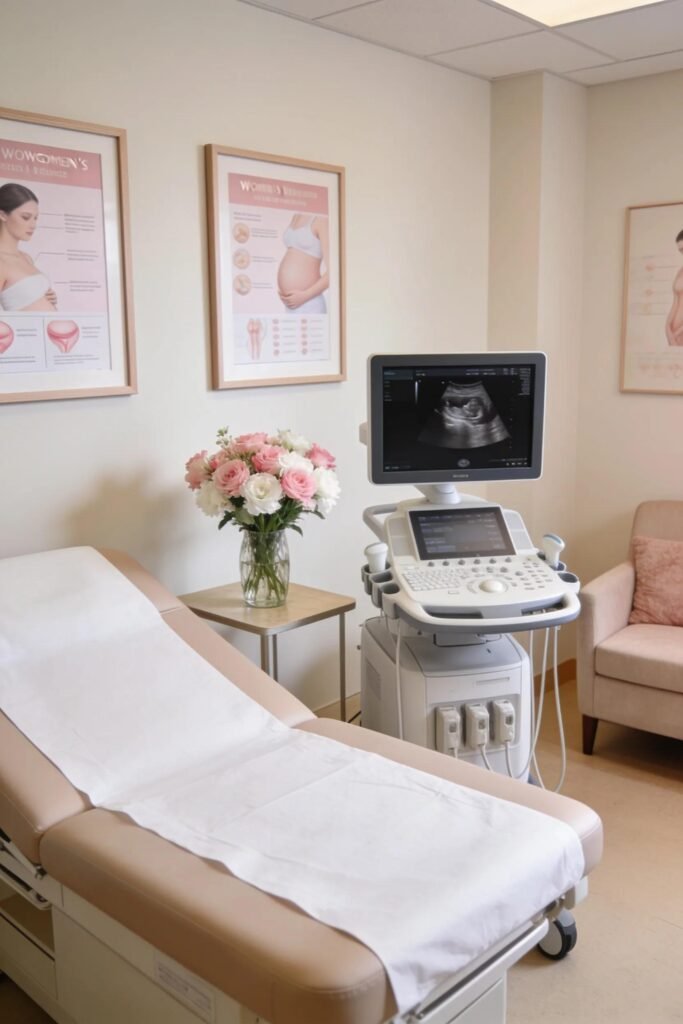 Ultrasound machine ready for private pelvic and early pregnancy scans in a women's health care setting