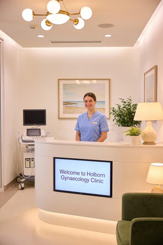 Private gynaecology clinic reception area in Holborn, showcasing a welcoming environment for women's health care