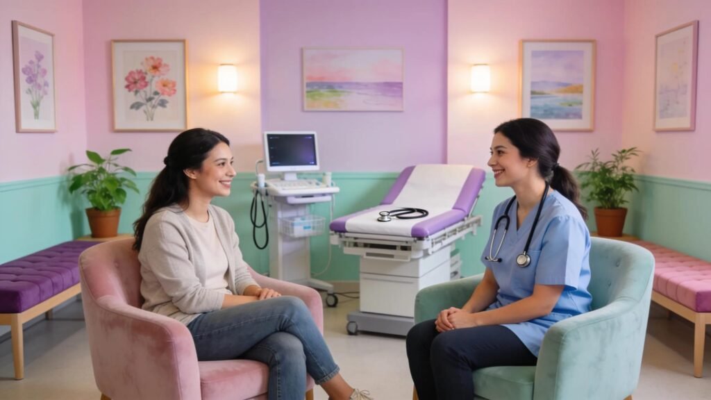 Welcoming female gynaecologist office with doctor and patient interaction
