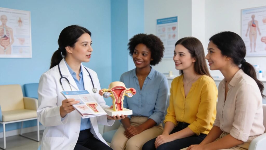 Women exploring gynaecology services with a female doctor in a clinic