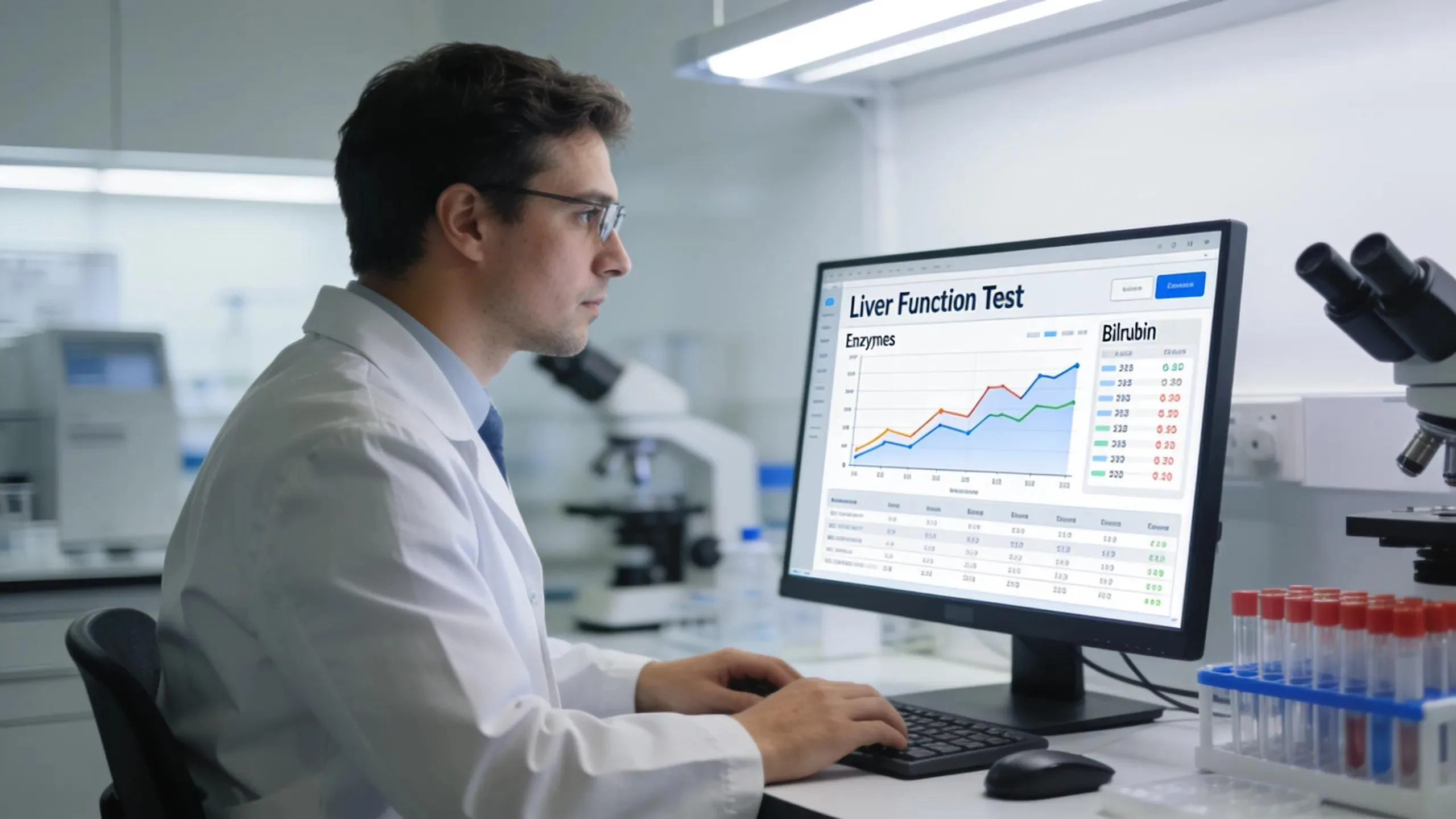 Laboratory technician analyzing liver function test results, emphasising precision in health assessments