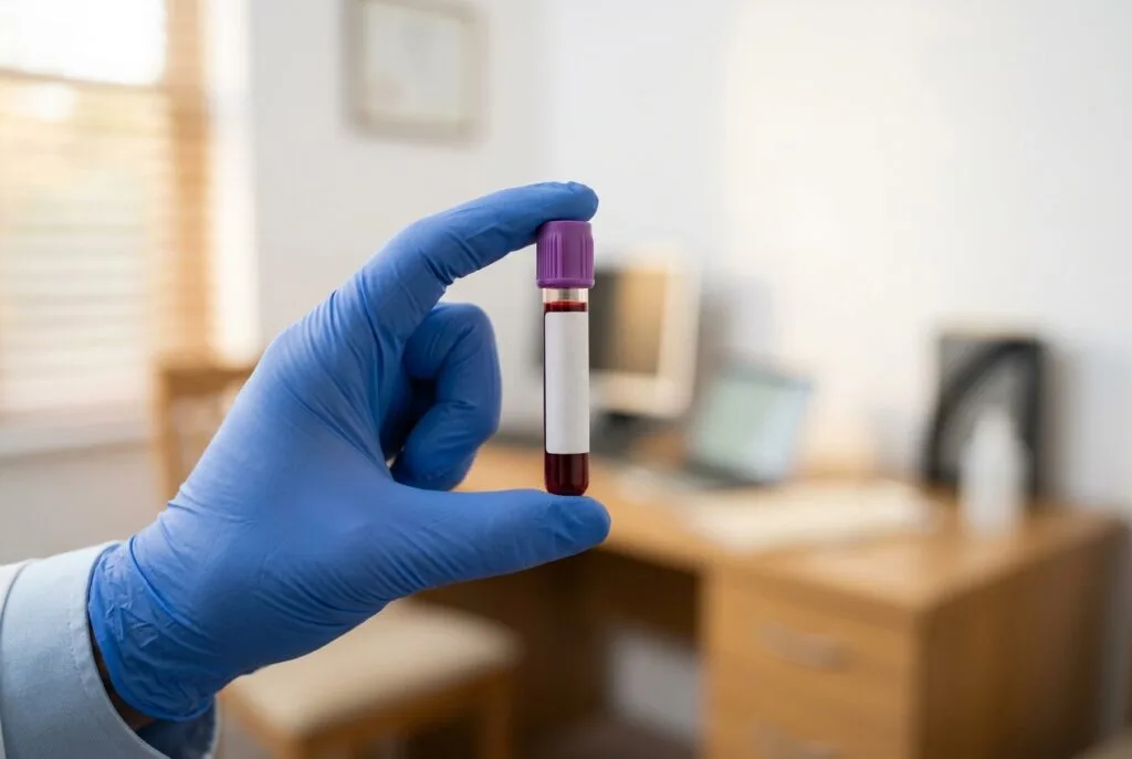 Blood sample vial for a thyroid function test measuring TSH, free T4 and free T3