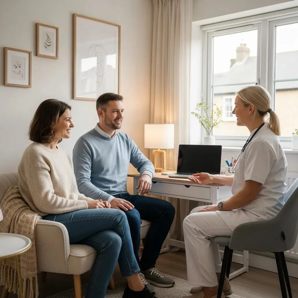 Couple consulting with a fertility specialist in a warm clinic setting emphasizing support and guidance in fertility planning