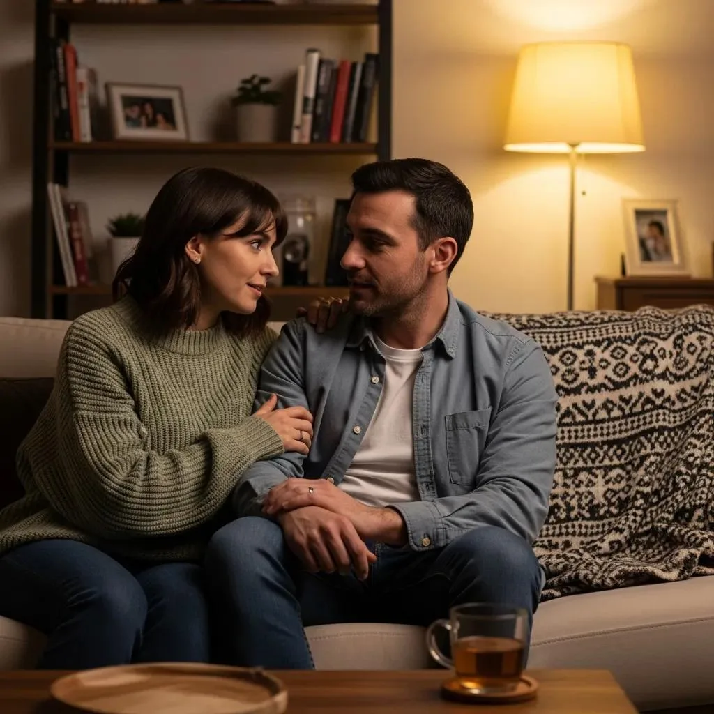Couple discussing health and relationships in a cozy setting emphasizing trust and communication